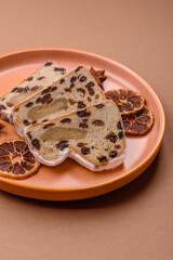 Stollen, a German Christmas pastry for the winter holidays. Stollen as a food background