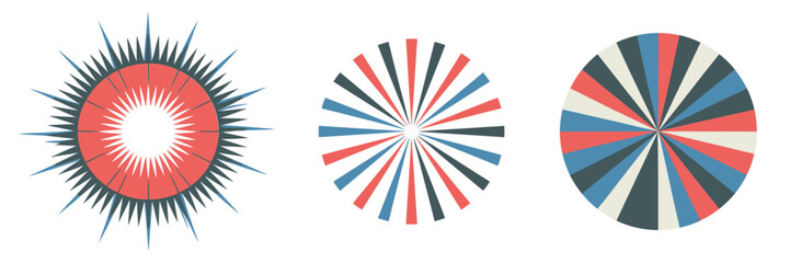 Radiating star core burst, thin spoke rays, tricolor palette, paired rotational rosette, festive fireworks icons, vector pack