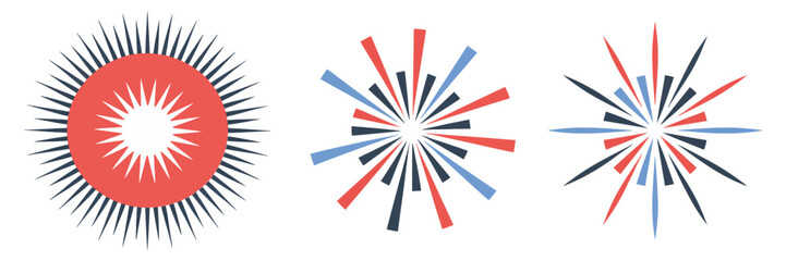 Symmetric vector starburst, vivid rays in tricolor, rotating sun pattern, dynamic fireworks accents, celebration elements, isolated