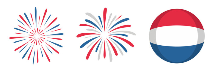 Red white blue flag color fireworks, circular badge, festive explosions, patriotic celebration graphics, editable vector illustration