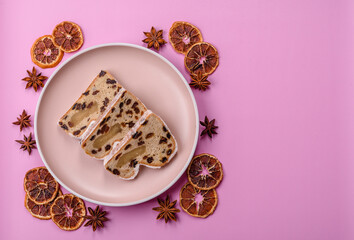 Stollen, a German Christmas pastry for the winter holidays. Stollen as a food background