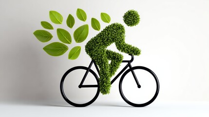 Green bicycle rider made of lush foliage and leaves, symbolizing eco-friendly transportation and sustainability, with vibrant green elements creating a dynamic and energetic atmosphere