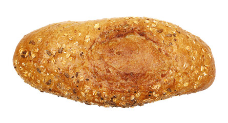 Integral bread loaf with seeds isolated on white background, top view