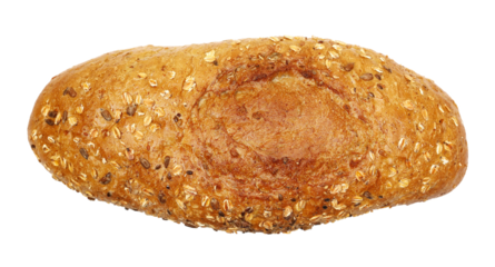 Integral bread loaf with seeds isolated on white background, top view