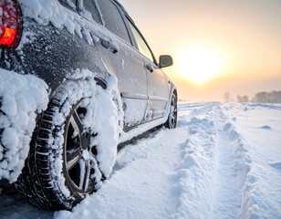 Black car in snowy landscape with tracks at sunset
