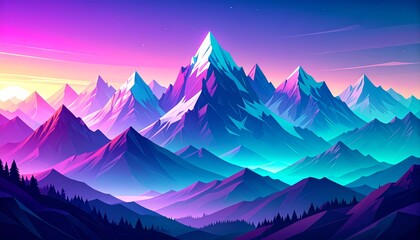 A stunning digital art landscape of a majestic mountain range bathed in the vibrant, glowing colors of a mystical sunrise