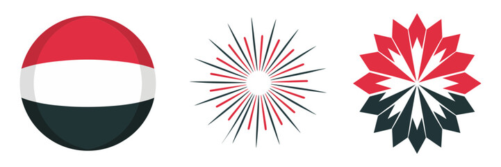 Red white green circular flag style emblem, starburst variations, festive holiday bursts, national palette vector elements