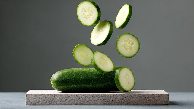 Fresh green cucumber sliced into circular pieces, floating above a textured stone surface, showcasing vibrant colors and natural textures, ideal for healthy eating concepts and culinary presentations