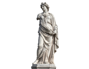 Classical marble statue of a draped woman, arm missing, against a black background