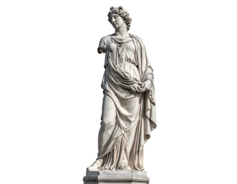 Classical marble statue of a draped woman, arm missing, against a black background