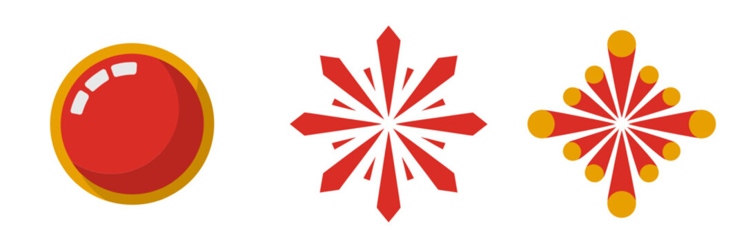 Shiny red button emblem, paired red yellow bursts, patriotic fireworks art, celebration concept, festival decoration, editable vector