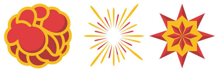 Red gold chrysanthemum fireworks, clustered bursts and pointed star, festival celebration design, patriotic theme palette, clean vector