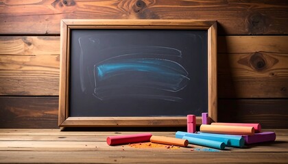 Black chalkboard framed in wood with colorful chalk sticks