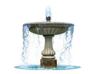 Classical stone fountain with water spraying and overflowing against a black backdrop, aged by the elements