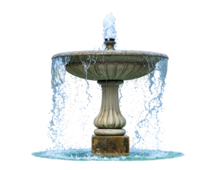 Classical stone fountain with water spraying and overflowing against a black backdrop, aged by the elements