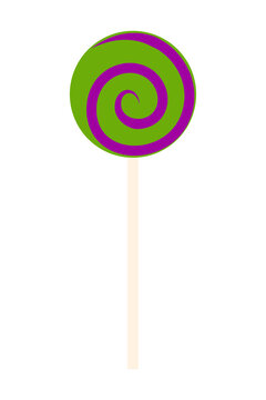 Halloween lollipop with green and purple spiral swirl design on white stick. Sweet candy treat for October holiday celebrations, trick-or-treat, children's parties, and festive decorations. High-res