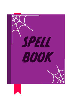 Purple spell book with cobwebs and gothic lettering. Flat vector illustration for Halloween, witchcraft, magic, or spooky design themes. Transparent PNG background. High resolution