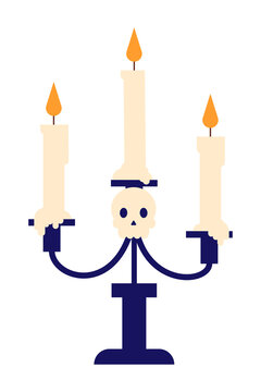 Halloween candelabra with skull decoration and three lit candles. Spooky candle holder with cream candles and orange flames for Halloween, gothic, October holiday decorations and haunted themes. PNG