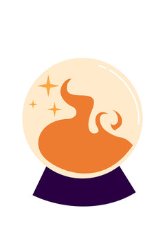 Mystical crystal ball with swirling orange smoke and sparkles. Flat vector illustration for magic, witchcraft, enchantment, clairvoyant or fortune-telling themes. Transparent high resolution PNG