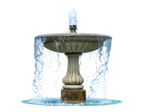Classical stone fountain with water spraying and overflowing against a black backdrop, aged by the elements