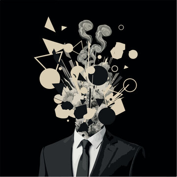Abstract illustration of a man in a suit with his head exploding into geometric shapes, representing stress or creative mind