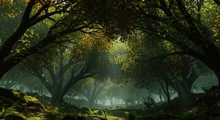 Mystical Forest Canopy - Sunlight Filtering Through Lush Greenery.