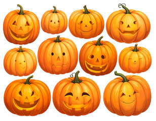 Cartoon pumpkins with carved faces, a seasonal collection on a black background, perfect for Halloween decorations