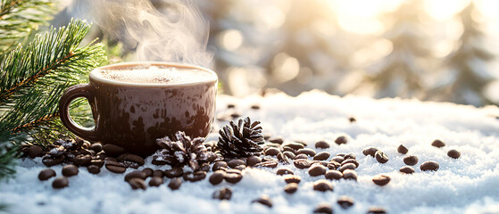 A steaming cup of coffee among roasted beans, pine branches, and cones in a snowy forest. Warm winter atmosphere, morning adventure, cozy travel inspiration.