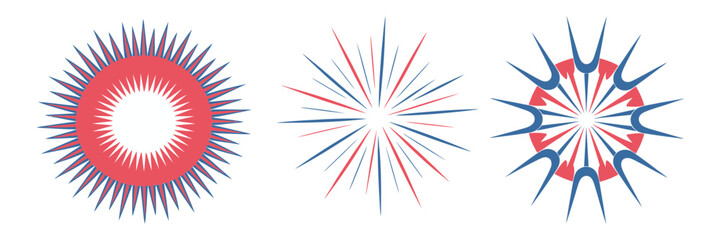 Red white blue sunburst wheels, radial sparkle explosions, patriotic festival icons, minimal starburst designs, modern vector pack
