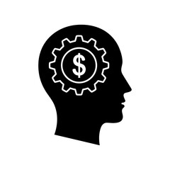 Vector art of silhouette of a human head with a gear and dollar sign inside