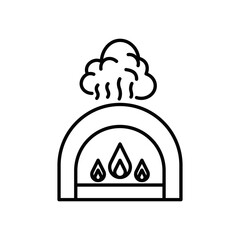 Vector art of a black and white line drawing of a pizza oven with flames and smoke
