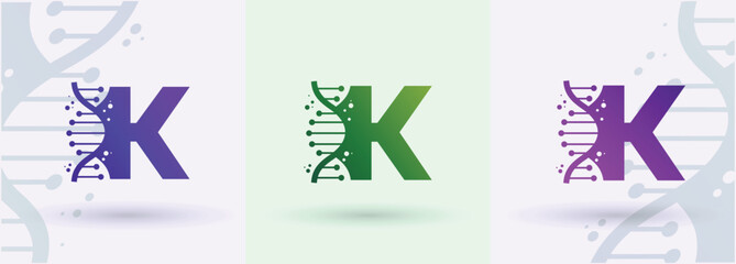 Letter K DNA helix monogram logo biotech genetics medical laboratory science brand identity alphabet
