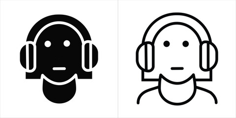 Vector art of two person icons with headphones, one black and one outline, representing music and audio