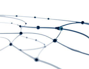 Abstract network. Light-blue lines and spheres connect across a black background, creating a tech, network effect