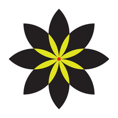 Vector art of stylized black and yellow flower with red center
