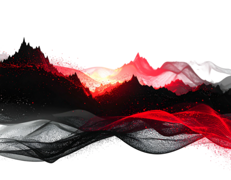 Abstract mountains with red and grey wavy bands, against a black background, with a hint of golden light