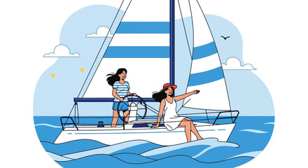 Obraz premium Joyful Female Friends Sailing Together On A Bright And Sunny Day, Enjoying The Sea