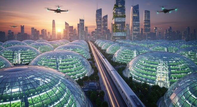 Futuristic city skyline with flying cars and biodome architecture.