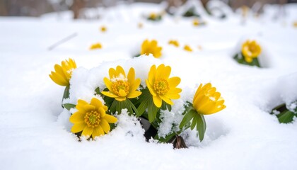 Yellow flowers in fresh snow