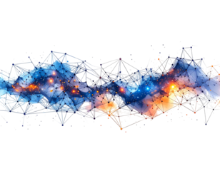 Abstract network of interconnected triangles forming nebulous cloud with orange and blue glow on a black background