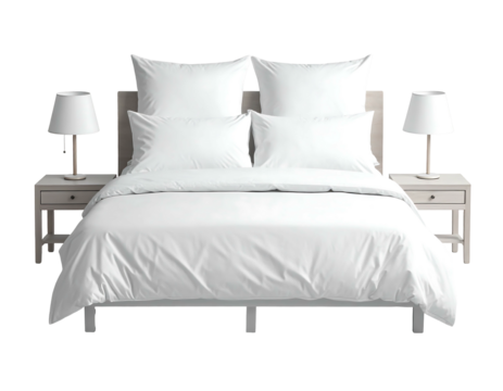 Clean, crisp white bed with two bedside tables and lamps on a black background creates a minimalist, elegant feel