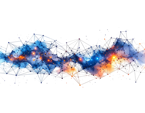 Abstract network of interconnected triangles forming nebulous cloud with orange and blue glow on a black background