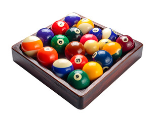 Naklejka premium Colorful billiard balls racked neatly in a dark brown wooden triangle, isolated on a black background, angled view