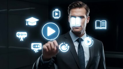 Man Touching Glowing Play Button Icon in Dark Room Wearing a Suit and Tie Surrounded by Digital Learning Graphics