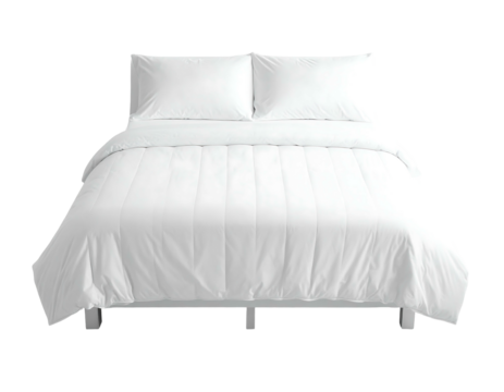 Clean white bed with fluffy pillows and duvet, minimal design on a black background, inviting restful sleep