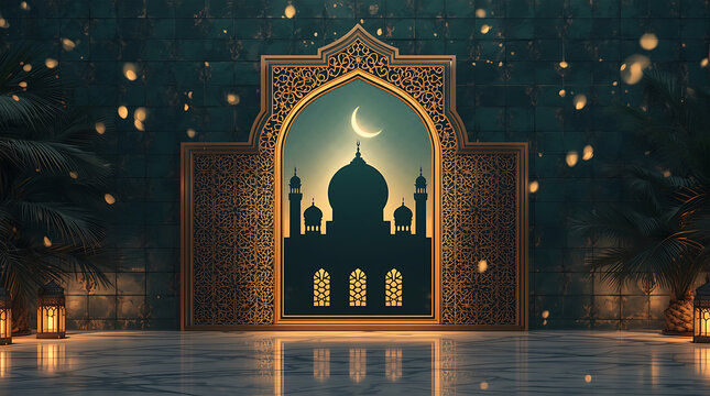 Elegant Ramadan Kareem Night Scene with Arabic Architecture and Lanterns