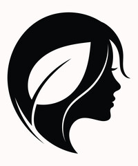 Elegant Woman Face Silhouette with Leaf Hair Logo.