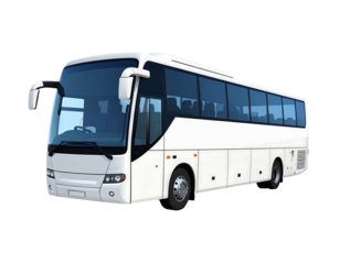 Clean, white passenger bus viewed at an angle, windows tinted, on a plain black background