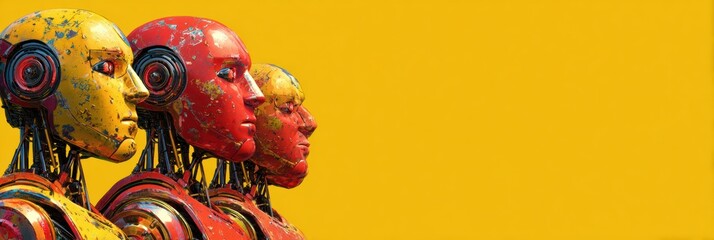 Colorful Humanoid Robots Lined up Against a Bright Yellow Background Showcasing Unique Designs and Textures in Futuristic Art