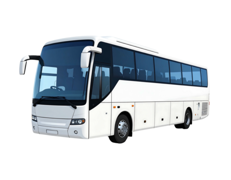 Clean, white passenger bus viewed at an angle, windows tinted, on a plain black background